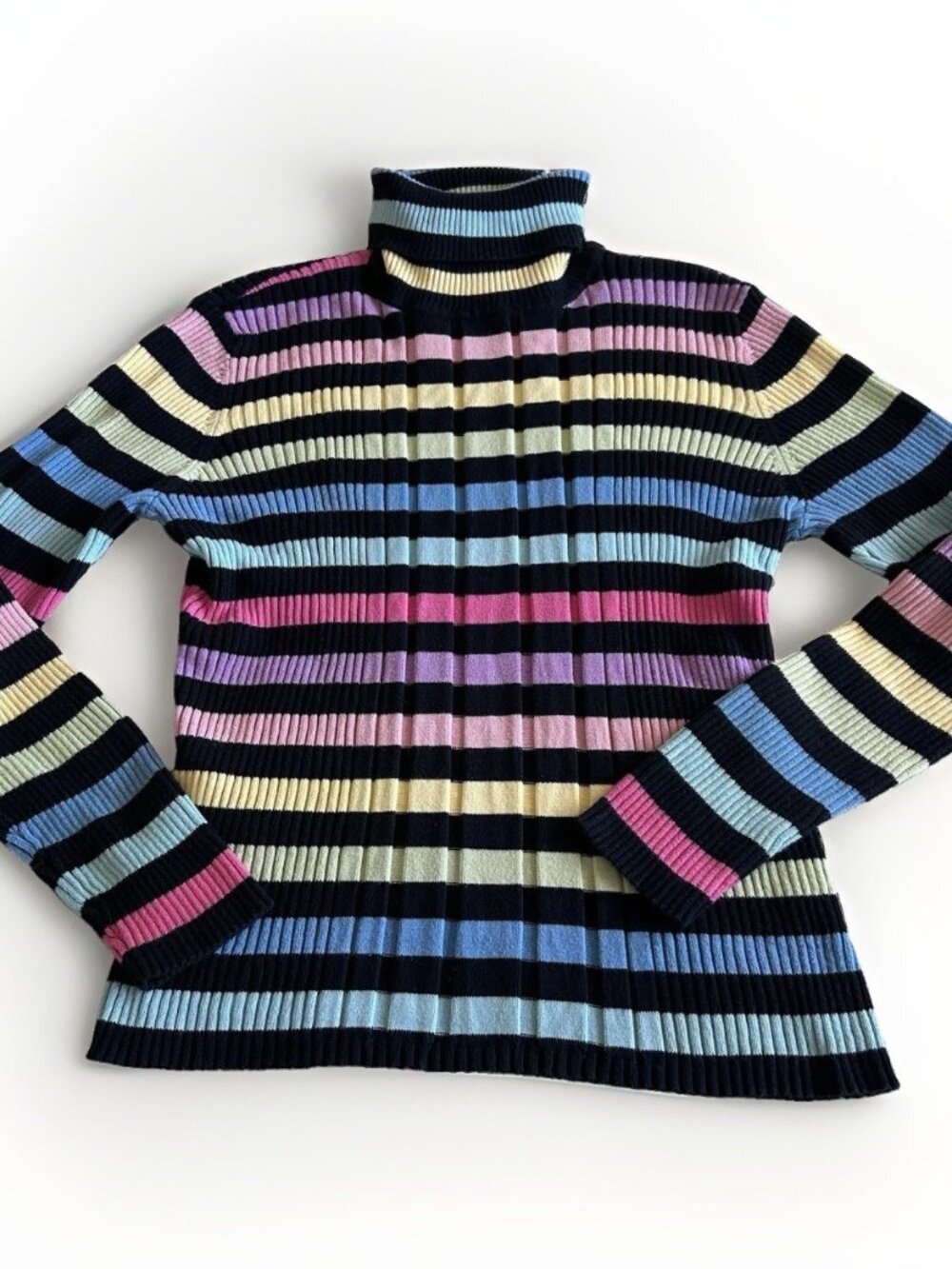 Vintage Villager Rainbow Striped Ribbed Knit Turtleneck Sweater - Size Large